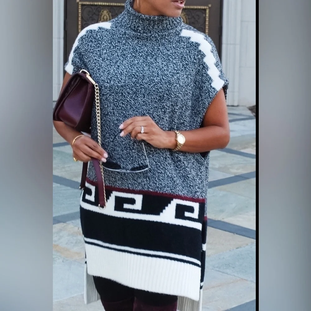 LOFT Turtleneck Drop Shoulder Oversized Marbled Sweater Tunic Women’s XS/S - Picture 2 of 16